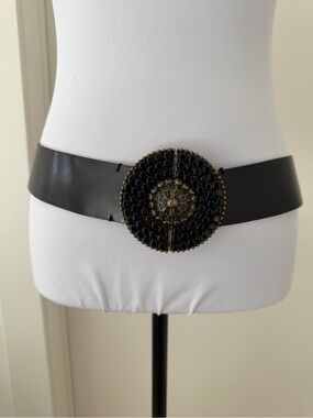 VINTAGE Mariella Burani Wide Leather Belt Round Statement Buckle Avante Garde